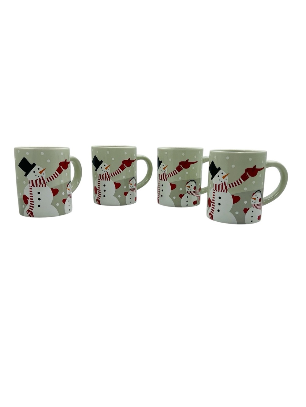 Crate&Barrel Sage Green Snowman Mug Set of 4 with Red Accents